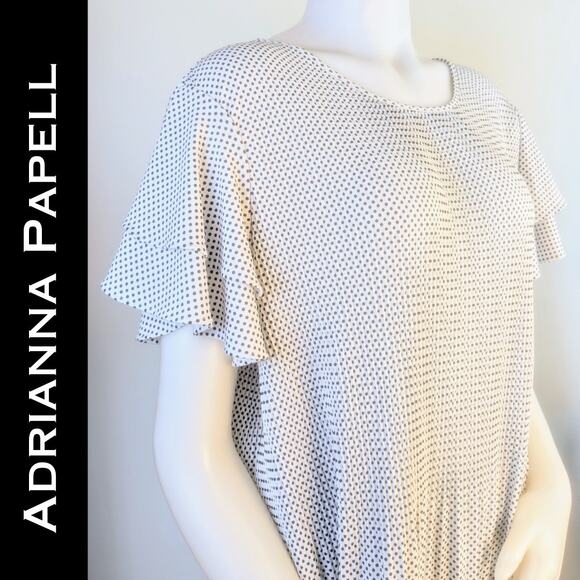 Adriana Papell White Black Pin Dot Pleated Blouse Double Flutter Sleeves Size 2X - Picture 1 of 10